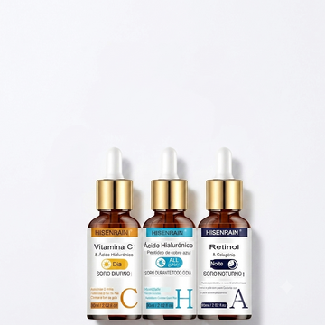 Combo 3 em 1 Anti-Rugas: Sérum Vitamina C + Retinol + Ácido Hialurônico — Pele Radiante e Hidratada